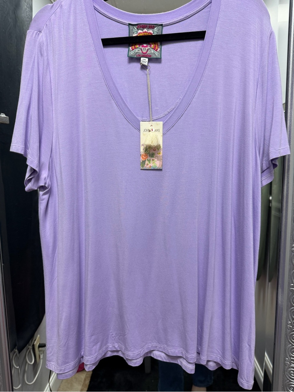 Johnny Was Lavender Crewneck Tee with Floral Label
